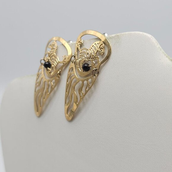 Gold Tone Wild Bryde Dangle Post Earrings With Black Onyx Accents Zebra Design - Picture 3 of 5